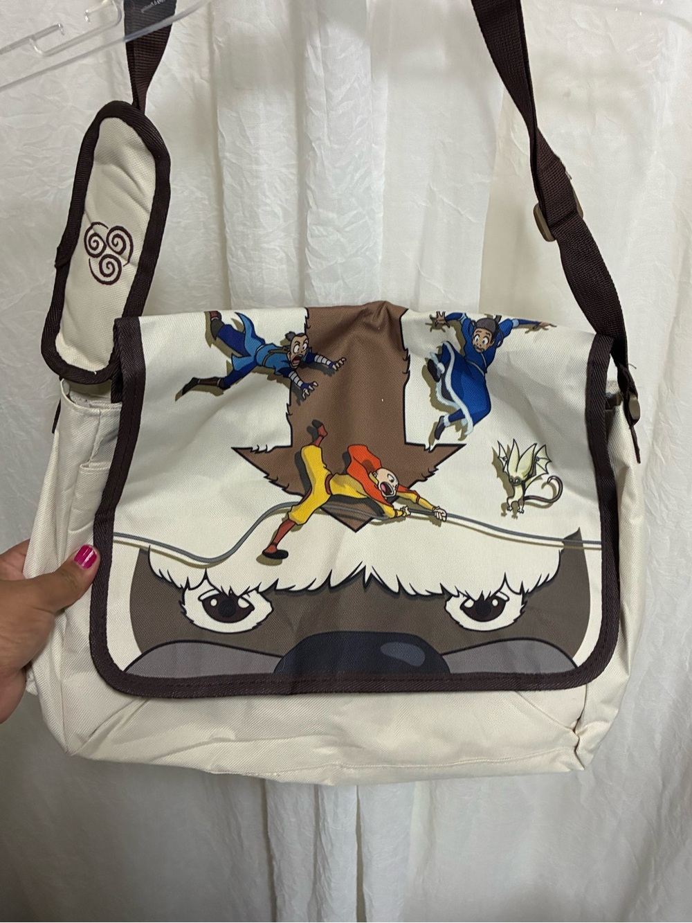 Cream and Brown Canvas Messenger Bag with Animated Character Print